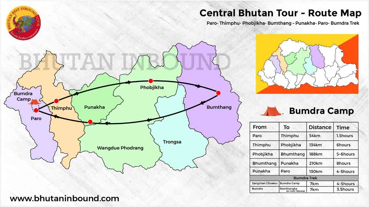 Central Bhutan Tour Map